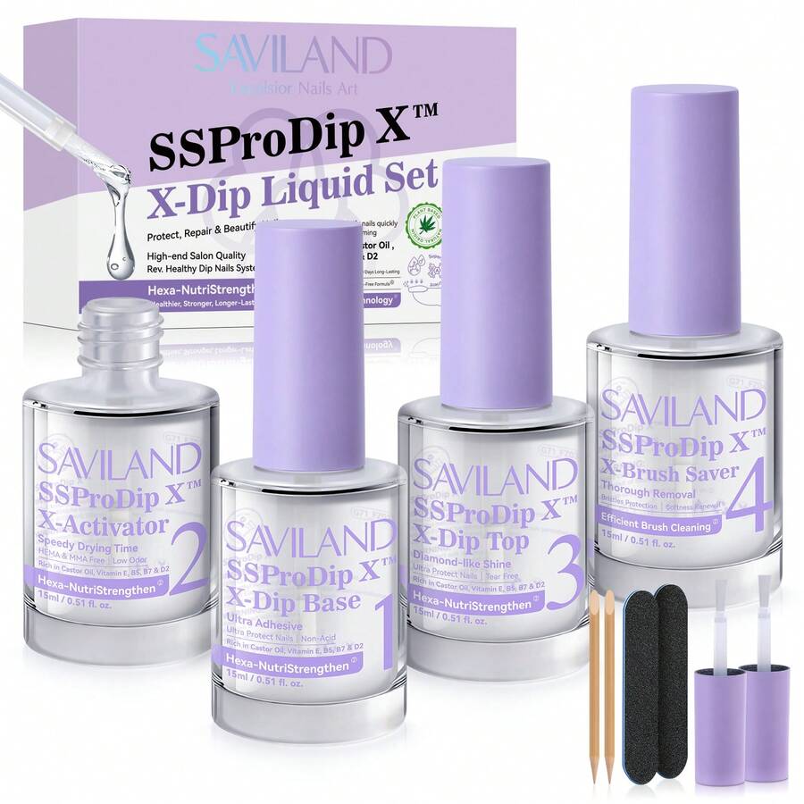 SAVILAND Dip Powder Liquid Set: 15ml Nail Kit With Base Top Activator, Brush Saver, Castor Oil, VE, VB5, VB7 For DIY Salon Art - Purple - View 1