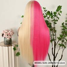 13X4 Pink & Brown Lace Front Wigs Pre Plucked Soft Free Part Long Straight Wigs Glueless Pink Skunk Stripe Wig Wear And Go Wig Heat Resistant Fiber Hair Synthetic Lace Front Wigs For Fashion Women For Daily Christmas Party Cosplay Use - Half Pink Half Blonde - 查看 9