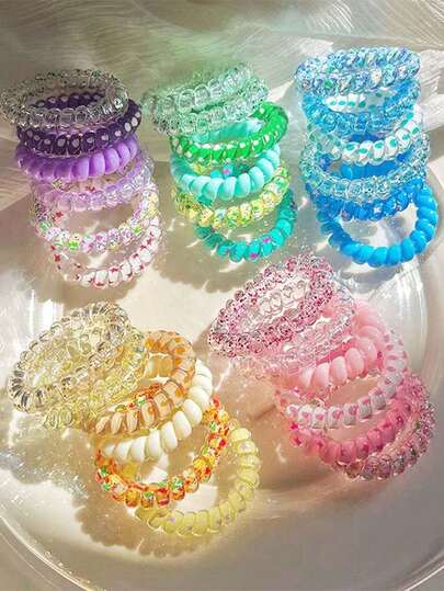 6pcs Colorful Telephone Wire Hair Scrunchies, Cute Patterned Hair Accessories, Sweet & Fresh Quality Spiral Hair Ties, Casual Women Hair Decorations, Vibrant Spiral Hair Coils, Perfect Small Gift For Birthday, Party Or Daily Use, Versatile Hair Accessories For Girls