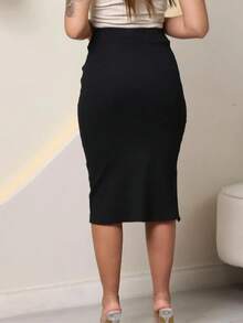 Women's Basic Slim Midi Skirt, Shaping, With Side Slit, Ribbed Fabric, Modern And Versatile, Spring/Summer - 黑色 - 查看 5