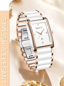 LIGE New Elegant Women's Watch Ceramic Strap Waterproof Square Quartz Watch Business Daily Casual Watch Gifts For Friends, Girlfriends And Mothers - White - View 4