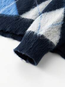 LOOKUN 新款秋冬男士休闲宽松简约菱形图案百搭圆领套头针织衫 - 藍色 - 查看 9