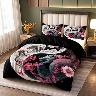 3 件套桃花黑白双龙太极图案印花羽绒被套（1 * 羽绒被套 + 2 * 枕套，不含填充物），复古野生动物龙印花四季床上用品套装，柔软透气羽绒被套，适用于卧室、客房和宿舍