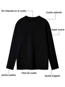 Camiseta holgada informal de color sólido, de manga larga y cuello redondo, para mujer - Negro - Ver 7