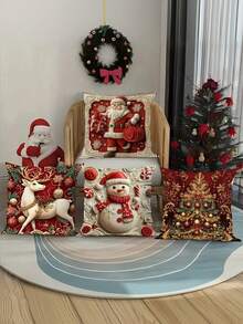 1/2/4Pcs Christmas Throw Pillow Covers Single-Sided Print - Santa, Reindeer, Snowman, And Tree Designs - Throw Pillow Covers - With Hidden Zipper Closure - Machine Washable - For Living Room And Office Decor - Multicolor - View 3