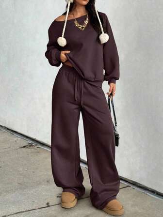 Soltrb 休闲纯色露肩宽松卫衣和裤子两件套女士百搭日常穿着秋冬