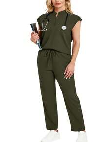 Collared Sleeveless Loose Top And Practical Multi-Pocket Pants Uniform Set Spring - Army Green - View 4