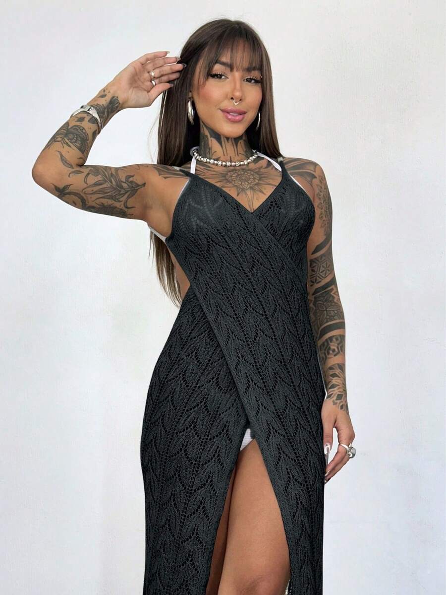 Beach Cover-Up, Pool, Lace, Knit, Summer, Vacation Dress - Negro - Ver 1