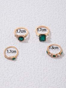 4 件套简约时尚水钻镶嵌几何创意小众女士珠宝戒指套装，适合日常佩戴和任何场合的完美礼物 - 綠色 - 查看 8