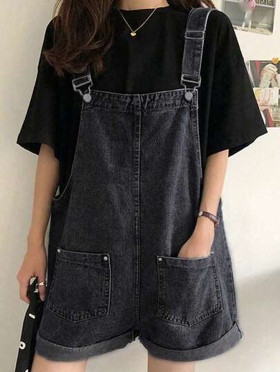 女式夏季纯色双口袋休闲牛仔背带短裤