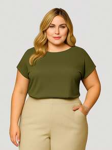 PLUS SIZE PLAIN BLOUSE CASUAL MODERN BASIC CURRENT CONTEMPORARY VISCOLYCRA DAILY WORK - Army Green - View 3