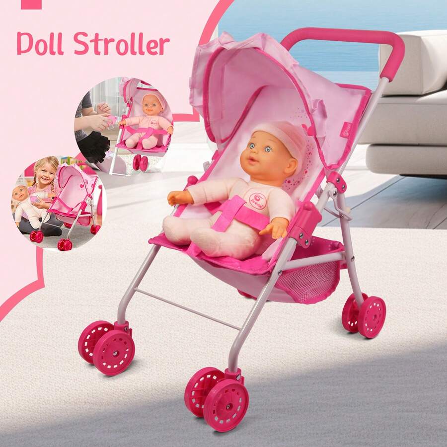 Doll Stroller Baby Doll Stroller, Soft Body 11 Inch Baby Doll Included, Pink,Baby Doll Toy Cart With Bottom Storage Basket, Baby Doll Stroller For Toddlers 3+ Year Old Children Play Toy Baby Stroller For Dolls & Travel, Suitable For Plush Toys And Plush Animals, Pretend Play For Kids Ages 3+, Toy Doll Stroller, Role-Playing Toy Stroller, Purple And Pink - Multicolor - View 1