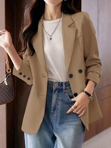女式单排扣长袖西装外套，袖口带纽扣