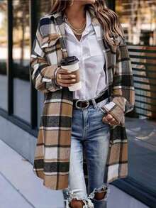 Women's Plaid Pocket Flannel Shirt, Button Front, Casual Everyday Wear - Brown - View 1