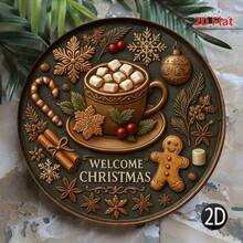 2D Flat, 1pc Vintage Christmas Hot Chocolate Wall Art - Round Iron Sign With Festive Decorations, "Welcome Christmas" Text, Perfect For Home, Kitchen, Garden, Or Office Decor, Holiday Decoration, Christmas Decorations For Home Home Decor Room Decor
