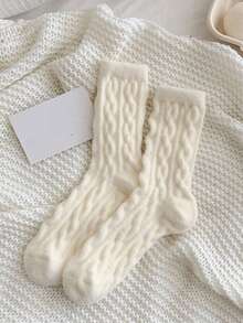 1/2 Pair Women Elegant Fresh Personalized Fashion Versatile Warm Soft Textured Mid-Calf Socks, Suitable For Daily Wear - White - View 9