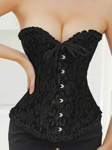 1pc Women's Jacquard Waist Cincher, Lace Button Back Tie Adjustable Corset, Suitable For Halloween, Party