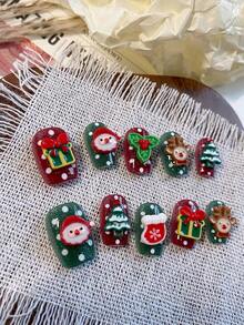 10 Pieces Of Acrylic Press On Nails, Red And Green Press On Square Fake Nails Short Nails DIY Christmas Nails, Christmas Elements 3D Nail Charms, Suitable For Women With Wedding, Party, Festival, Holiday, Holiday, Gift Nail Tools.