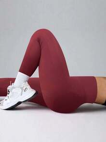 1pc Women Seamless Yoga Pants, Waist Slimming, Butt Lifting, High Elasticity, Slim Fit, Suitable For Yoga, Running, Cycling, Fitness And Other Sports - Burgundy - View 5