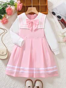 少女可爱甜美学院风蝴蝶结水手领公主长袖及膝连衣裙，2025年秋季新品 - 粉色 - 查看 1