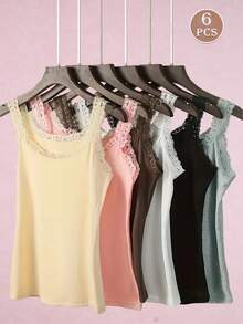6pcs/Set Women Solid Color Lace Trim Decor Crew Neck Sleeveless Tank Top Vest Camisole - 彩色 - 查看 11