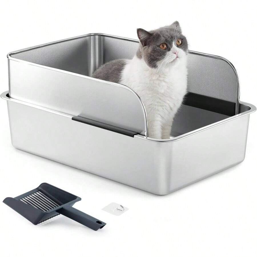 Large Stainless Steel Litter Box, Leak Proof 10.4 Inches High Sides Urine Litter Trapping, Comes With Litter Scoop, Non - Stick, Non - Slip, No Edges - Bạc - Xem 1