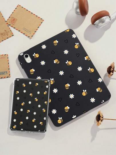 蜜蜂与花朵卡通图案保护壳，内置笔槽，适用于 iPad 第 10 代、iPad Air 4/5 10.9 英寸，适用于三星 Tab A7 Lite 8.7 英寸、三星 Galaxy Tab A7 10.4 英寸。保护壳四角防震，可单手握持