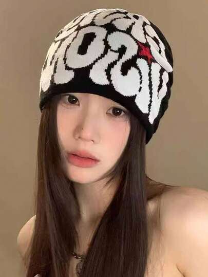 1 Stück gestrickter Hut mit Buchstaben Dekor, modisch, vielseitig, atmungsaktiv & bequem, geeignet für Frühling, Sommer, Herbst, Winter, Alltagstragen, Camping, Reisen, Wandern, Themenparks, Cafés, Bauernhöfe, Partys, Fotografie, Y2K Stil