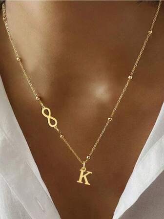 1pc Simple Infinite Symbol Initial Gold Color Stainless Steel Bead Chain Necklaces For Women,(The Bead Quantity Is Random)Gold Stainless Steel Initial Necklace For Women, Infinity Pendant Bead Chain