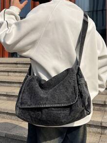 Túi vải canvas dày màu xám đậm phong cách tối giản cổ điển của Mỹ, Túi đeo chéo đa năng dung tích lớn, Túi đeo vai sinh viên đại học thông thường, Túi xách Courier có khóa kéo gấp gọn, Túi đeo chéo phong cách đường phố đơn giản - Màu xám đen - Xem 4