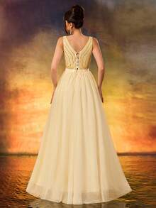 Women's Sequins Sparkling A Swing Dress Elegant V-Neck Tulle Flutter Evening Dress For Wedding Guest Formal Evening Birthday Party - Gold - View 3