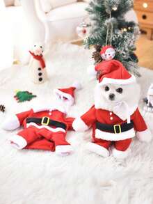 1pc Red Pet Christmas Outfit With Santa Hat, Pet Apparel For Dogs & Cats, Pet Christmas & New Year Costume