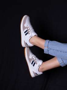 Women's Sneakers, Flat Sole, Gym, Navy Leather, Comfortable Fashion, Boutique, Premium Stripe, Original - 藍白色 - 查看 5