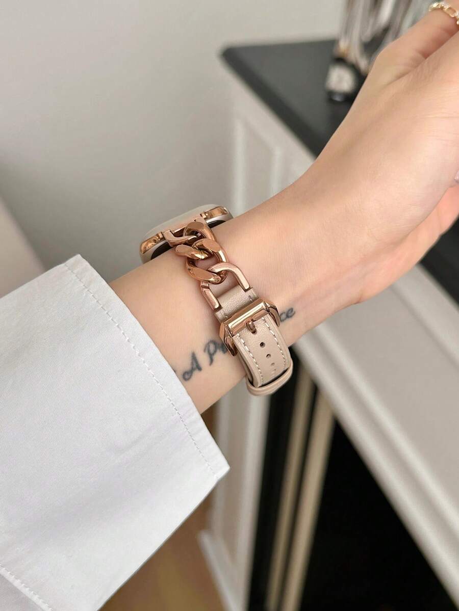 1pc Women's Latte Color Elegant Genuine Leather Chain Strap, Fits 38/40/41/42/44/45/49/46mm Ultra2/Ultra/SE/10/9/8/7/6/5/4/3/2/1 Stainless Steel Band