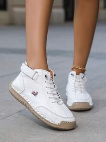 1 Pair Women's Rhombus Pattern Casual PU Leather & Mesh Splice Ankle Boots, Office, Party, Outdoor, All Season, British Style Handmade Octopus Stitching, Rubber Anti-Slip Sole, Fashion Versatile, Fitness, Cross-Training, Cycling - White - View 5