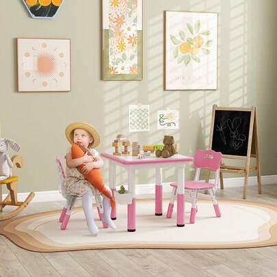 Adjustable Height Kids Table And Chairs Set 3 Piece White Pink MDF Construction With Storage Box 7 Level Table Adjustment For Home And Classroom