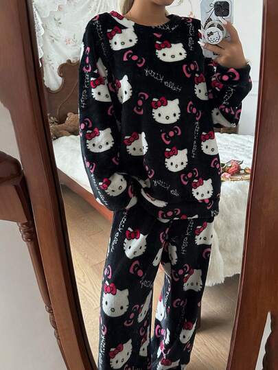 Sanrio 两件套女士加绒长袖上衣和裤子睡衣套装，秋冬季保暖舒适的珊瑚绒睡衣