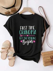 [2025 nueva llegada] camiseta de manga corta para mujeres de verano patrón de moda diseño impreso sensación de estilo casual cuello redondo pullover camiseta para mujeres top versátil - Negro - Ver 2