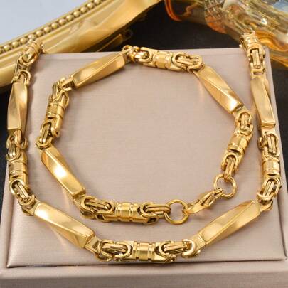 مجموعة مجوهرات من قلادة وسوار من الفولاذ المقاوم للصدأ مطلية بالذهب الأصفر عيار 18 قيراط بتصميم هندسي مصقول، مناسبة للارتداء اليومي وحفلات الموسيقى والمناسبات، هدية مناسبة للأخ والصديق