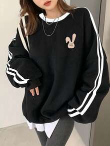 Women's Simple Cotton Black & White Striped Cartoon Rabbit Print Loose Comfortable Casual Vacation Home Daily Fashion Student Teenager Versatile Long Sleeve Sweatshirt