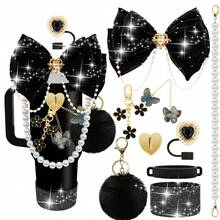 QY Bling Cup Accessories For 40/30/20 Oz Tumbler With Handle Including Glitter Bow Straw Topper, Heart Straw Cover, Pearl Water Bottle Handle Strap, Boot, Pom-Pom, Keychain Charms(Black) 2216 - 黑色 - 查看 7