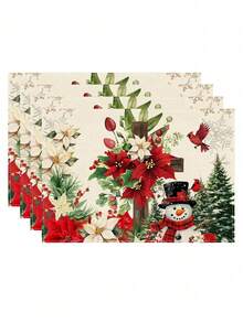 4 piezas Manteles individuales con diseño de cruz de Jesús, muñeco de nieve y flor de Pascua, estilo moderno de lino para decoración navideña, perfectos para la decoración de mesa de cocina y comedor de estilo granja en vacaciones de invierno