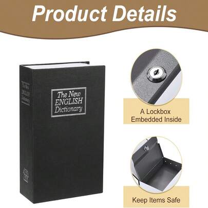 Caja fuerte decorativa con forma de libro con cerradura de llave, caja de almacenamiento oculta con apariencia de libro, adecuada para estantería del hogar, tienda, alcancía, caja fuerte de documentos, color negro