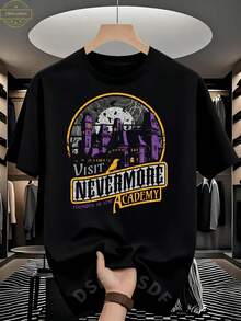 Nevermore Academy Gothic Horror T-Shirt - Nevermore Lettering & Raven House Design - Men's & Women's Heavyweight 200gsm Cotton Tee - Tim Inspired Vampire Academy Apparel - Spooky Halloween Outfit Essential - Limited Edition Creepy Lovers Shirt - Casual Round Neck Short Sleeve - Gothic Print For All Seasons - Perfect For Fans Of Dark Academia, Halloween T Shirts For Men,Nightmare Before Christmas,Christmas,Halloween Costumes,Funny T Shirts,Summer Outfits,Thanksgiving Day,Men Graphic Tees,Streetwear Men - 黑色 - 查看 1