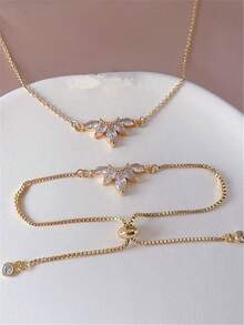 2pcs Leaf Flowers Heart Sun Ziconia Bracelet Necklace Set, Elegant Jewelry Gift Set With Box, Bridal Gift, Lover Gift, Gift For Mom,Christmas Gift Box, Birthday Gift