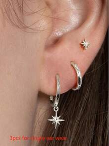 3pcs Delicate Earrings Set, 14K Gold Plated Star Earrings, Low Allergy Cartilage Stud Earrings, Everyday Layered Earrings, Suitable For Sensitive Ears (3pcs, Single Ear Wear) - Gold - View 9
