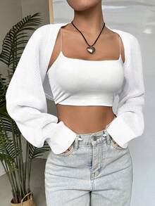 GoyRrbay Womens Long Sleeve Open Front Knit Crop Bolero Cardigan Sweater Shrug For Dress - trắng - Xem 2