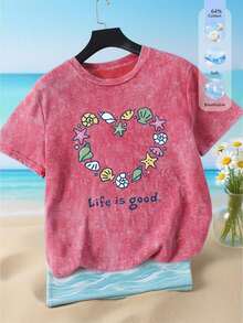 Áo thun nữ mùa hè cỡ lớn, chất liệu cotton mài bạc, cổ tròn, tay ngắn, in họa tiết cuộc sống tươi đẹp, mang đến vẻ dịu dàng và ngọt ngào, kiểu dáng ôm sát, áo thun in hình mùa hè cho nữ, trang phục thường ngày màu đỏ. - Đỏ - Xem 1