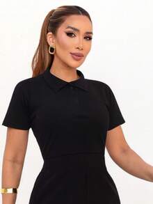 Women's Polo Neck Blouse Cotton T-Shirt Short Sleeve Casual Elegant Office - 黑色 - 查看 9