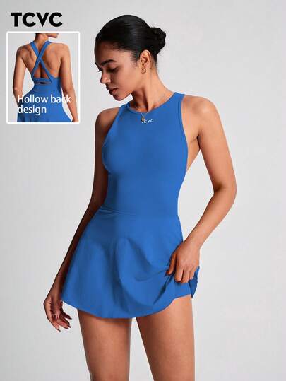 TCVC Vestido deportivo de mujer con tirantes, espalda cruzada de color sólido, con pantalones cortos de , cuello redondo, vestido de tenis, para deportes y yoga interiores/exteriores, tela amigable con la piel, con forma ajustada para el verano